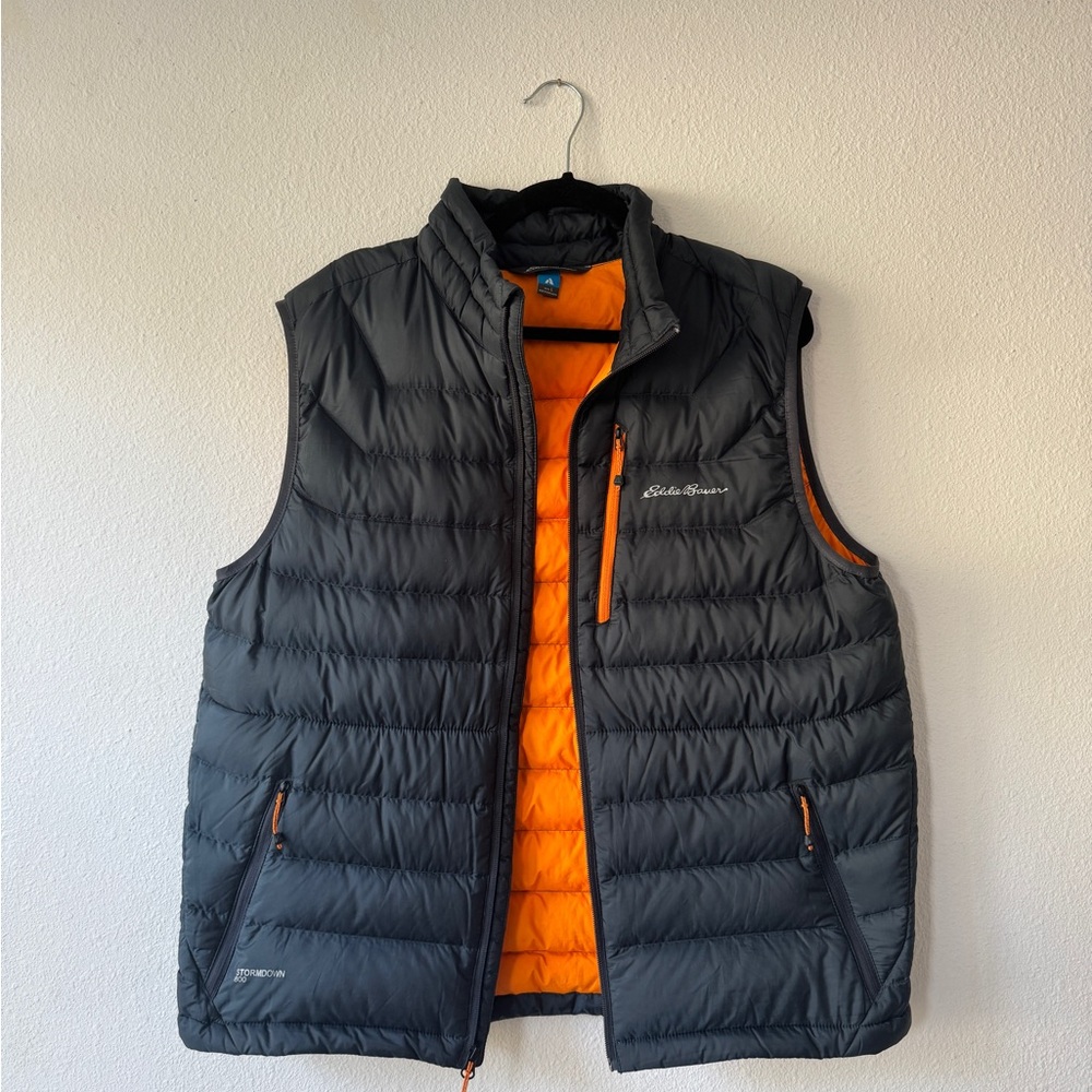 Men’s Eddie Bauer Large Stormdown 800 Gray Puffer Vest with Orange Lining
